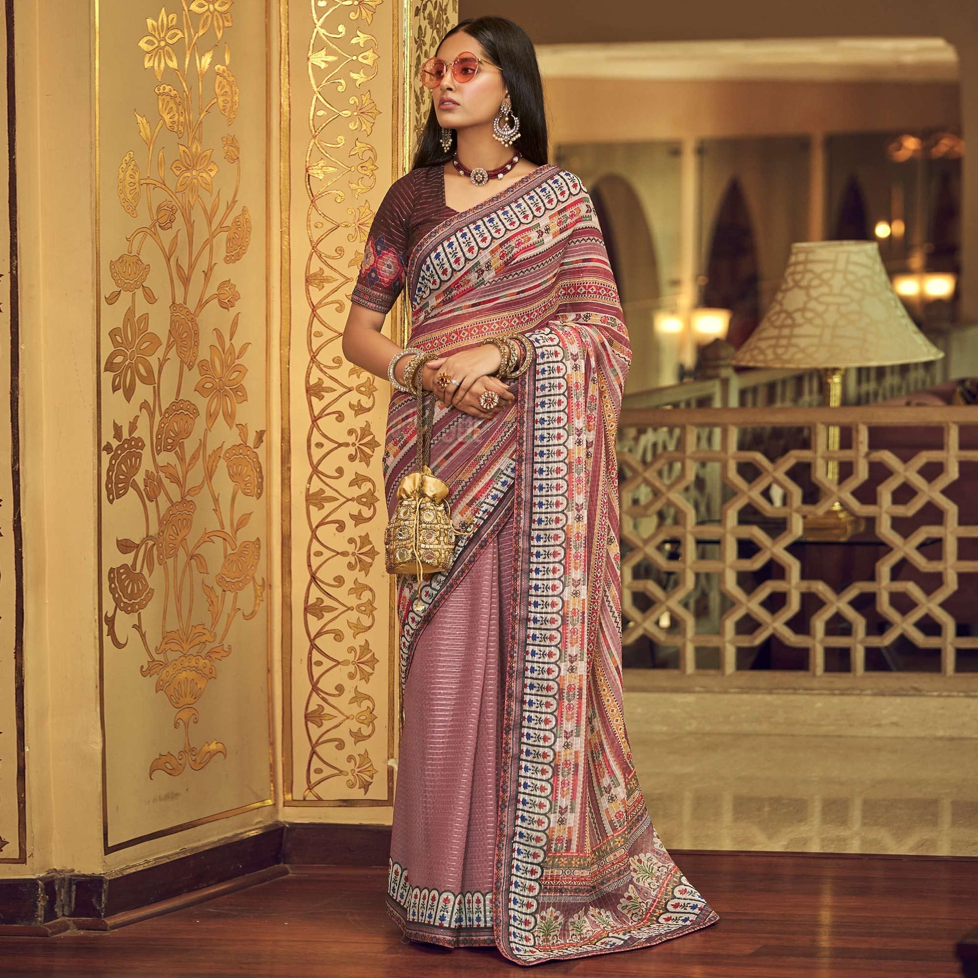 Mauve Printed With Embellished Georgette Half and Half Saree