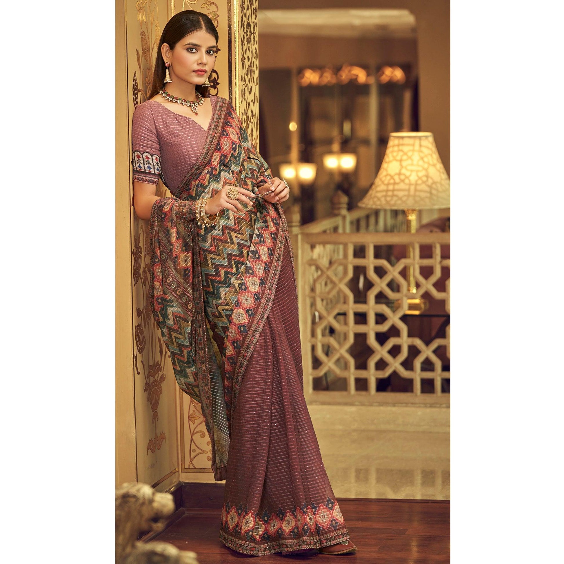 Mauve Printed With Embellished Georgette Half and Half Saree