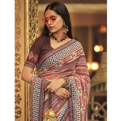 Mauve Printed With Embellished Georgette Half and Half Saree