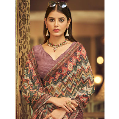 Mauve Printed With Embellished Georgette Half and Half Saree