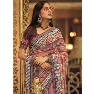 Mauve Printed With Embellished Georgette Half and Half Saree