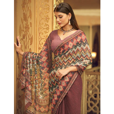 Mauve Printed With Embellished Georgette Half and Half Saree