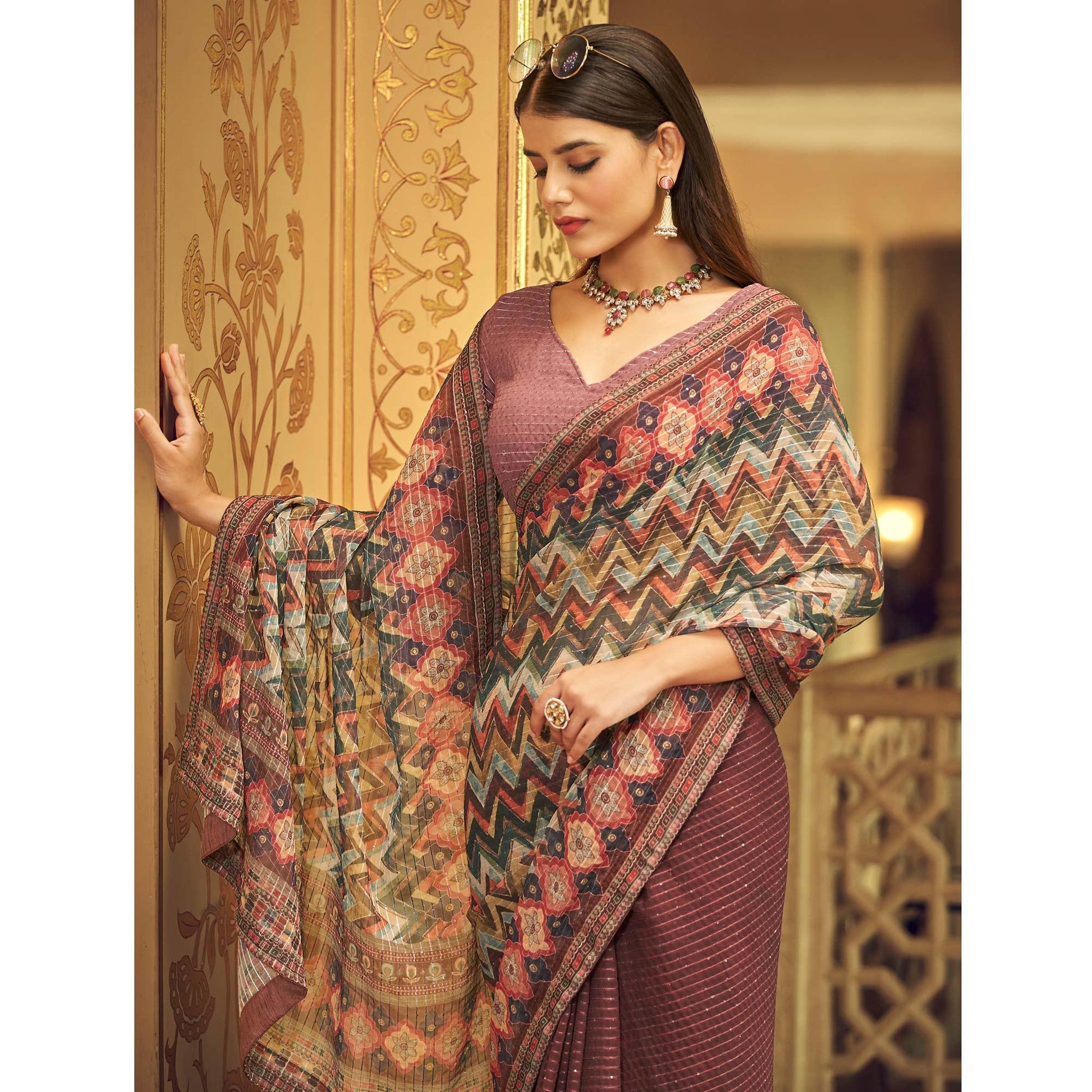 Mauve Printed With Embellished Georgette Half and Half Saree