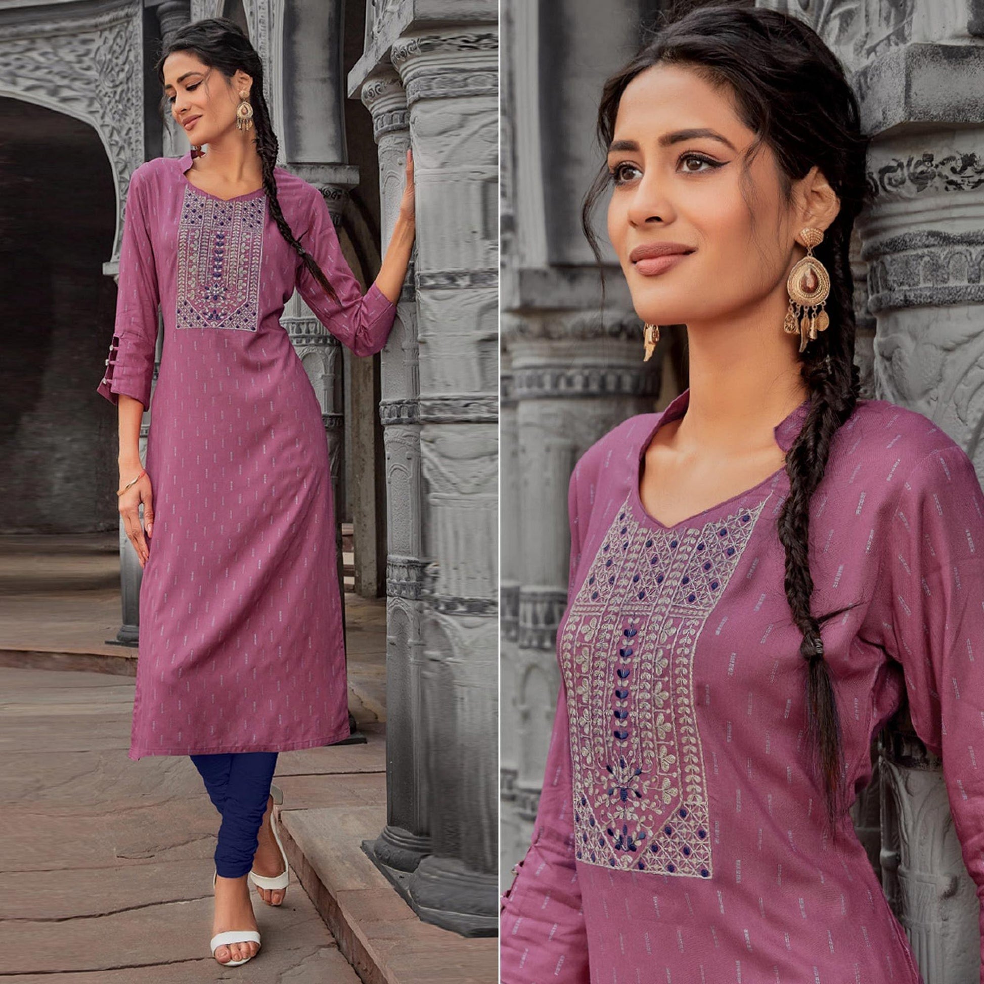 Mauve Printed With Embroidered Pure Cotton Kurti