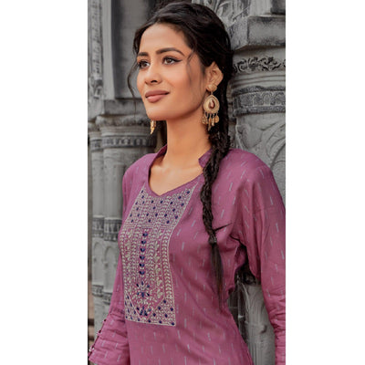 Mauve Printed With Embroidered Pure Cotton Kurti