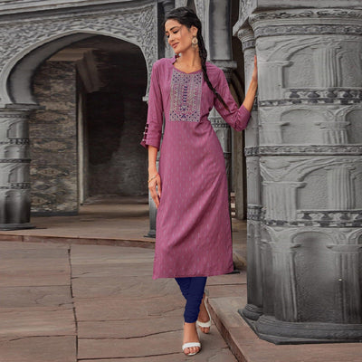Mauve Printed With Embroidered Pure Cotton Kurti