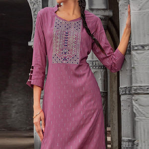 Mauve Printed With Embroidered Pure Cotton Kurti