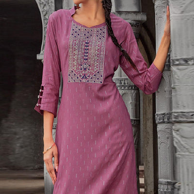 Mauve Printed With Embroidered Pure Cotton Kurti