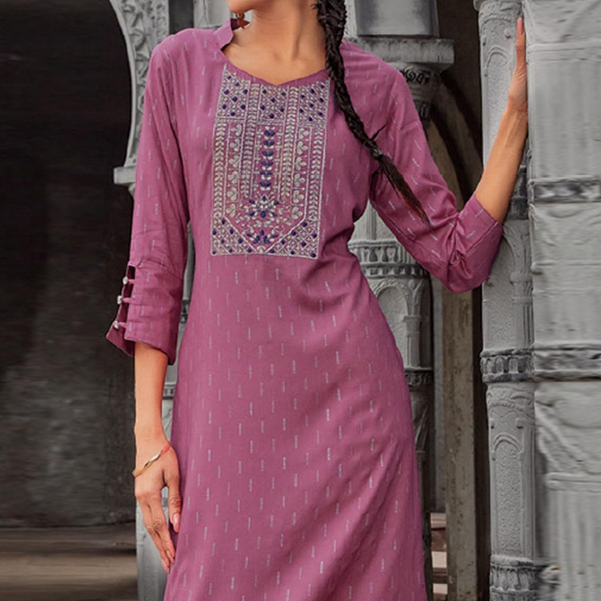 Mauve Printed With Embroidered Pure Cotton Kurti