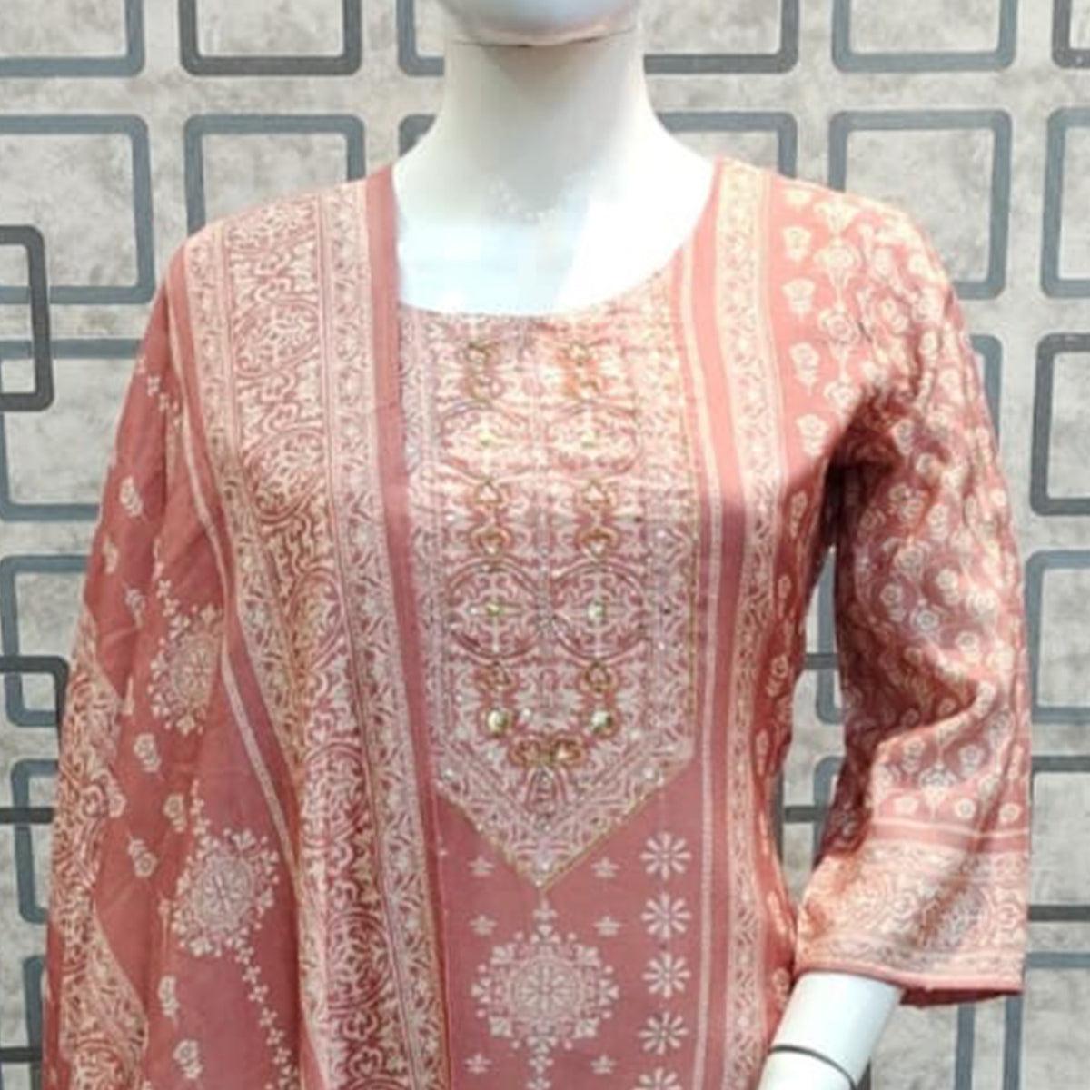 Mauve Printed With Sequins Embroidered Pure Cotton Salwar Suit
