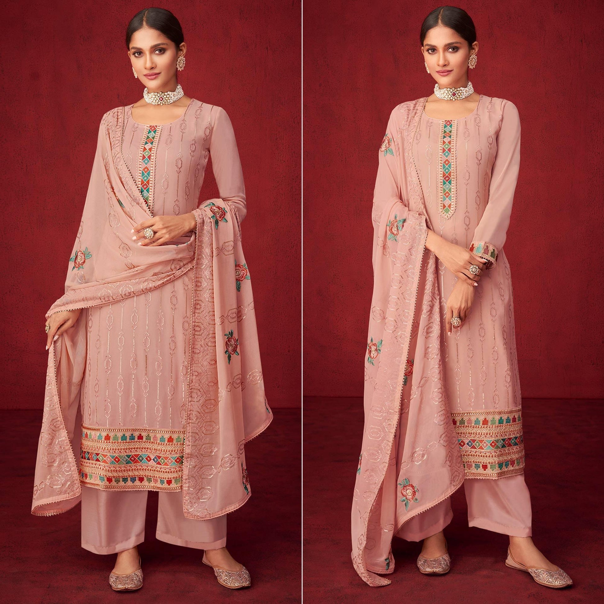 Mauve Sequins Embroidered Georgette Partywear Suit