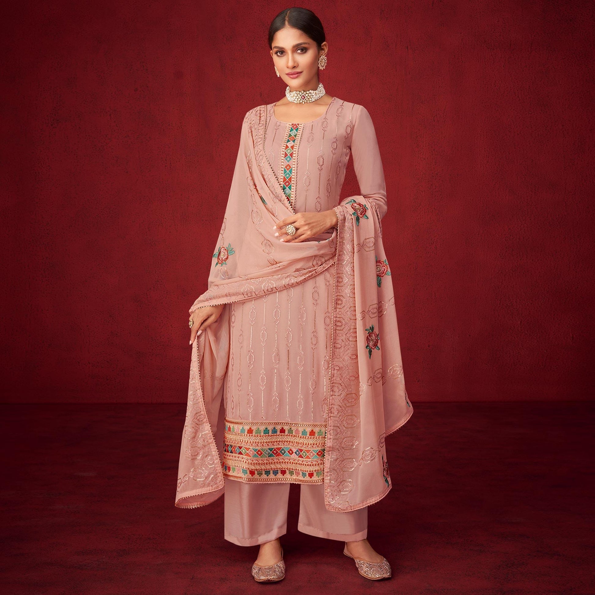 Mauve Sequins Embroidered Georgette Partywear Suit