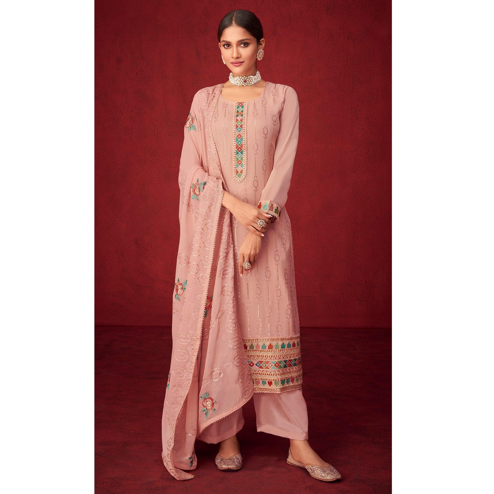 Mauve Sequins Embroidered Georgette Partywear Suit