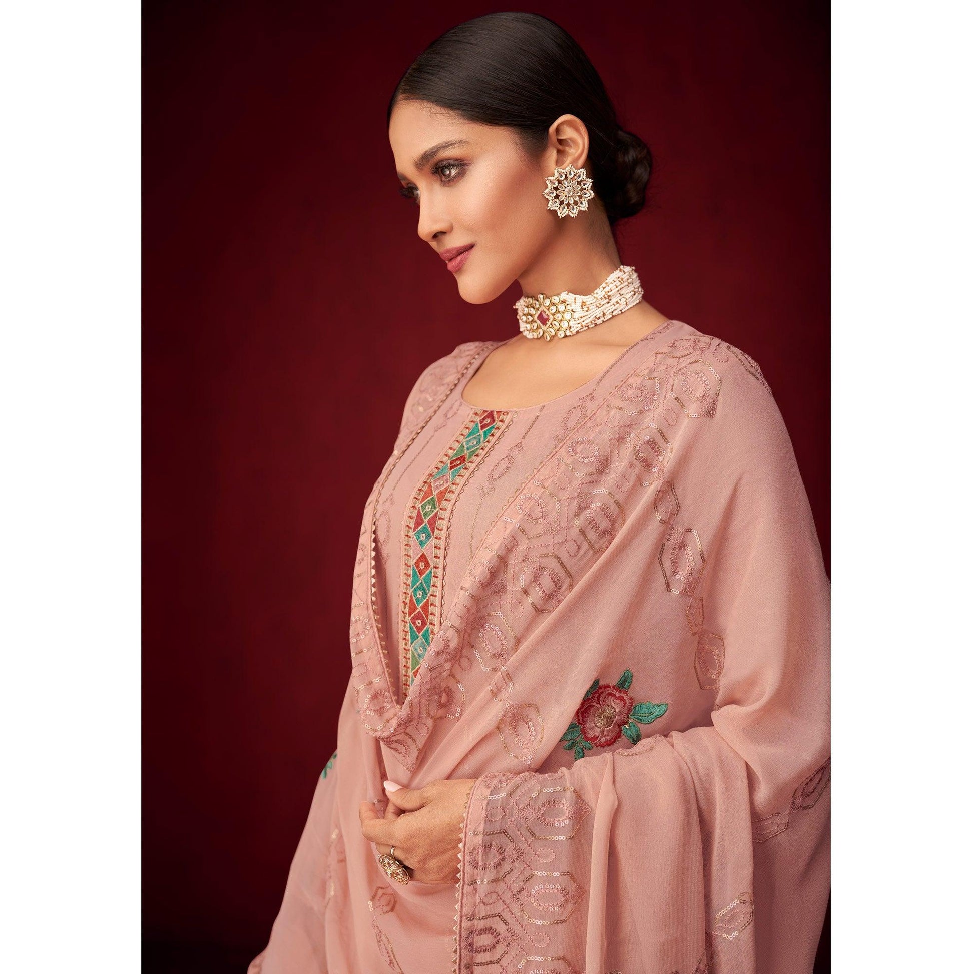 Mauve Sequins Embroidered Georgette Partywear Suit