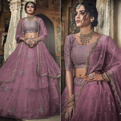 Mauve Sequins Embroidered Net Lehenga Choli