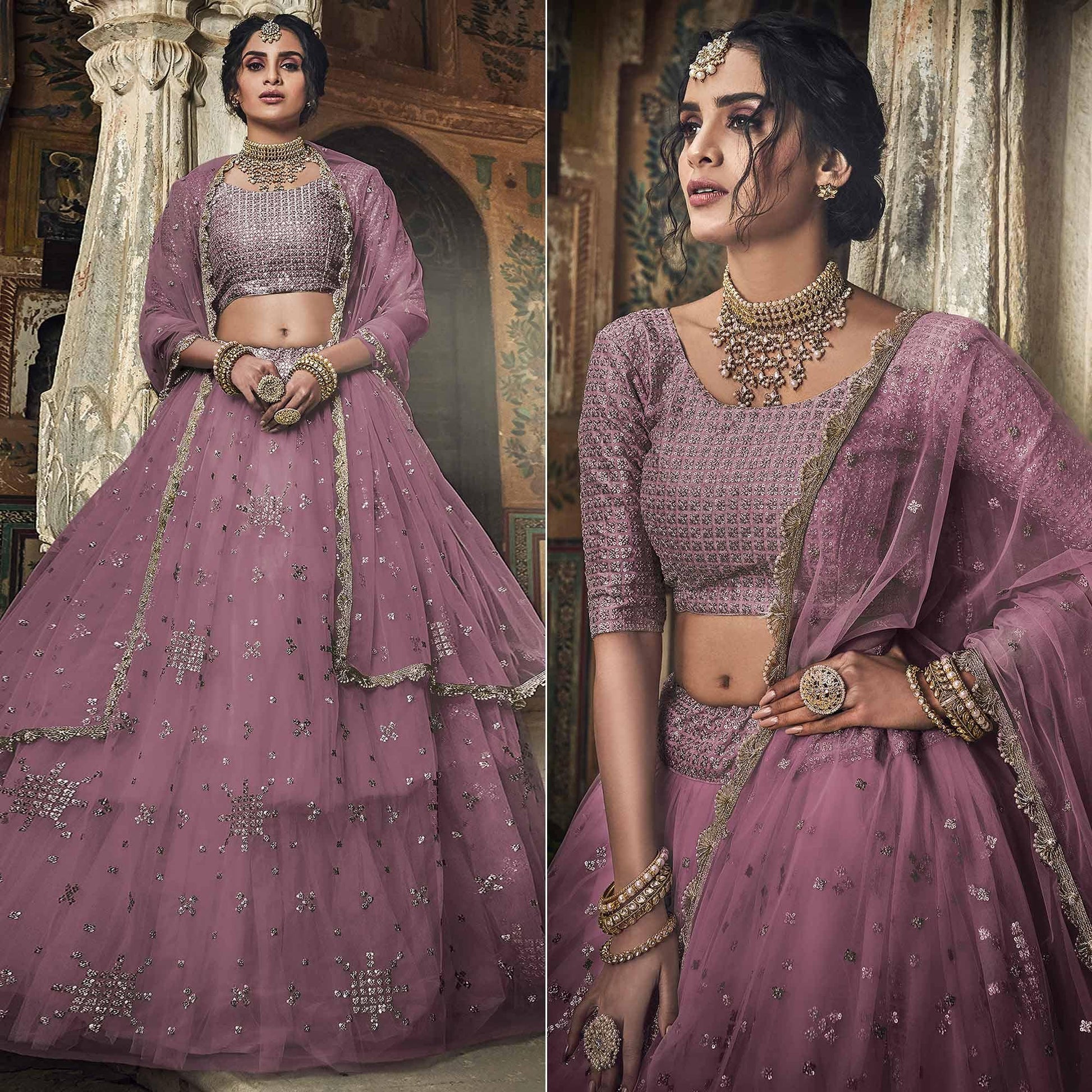 Mauve Sequins Embroidered Net Lehenga Choli