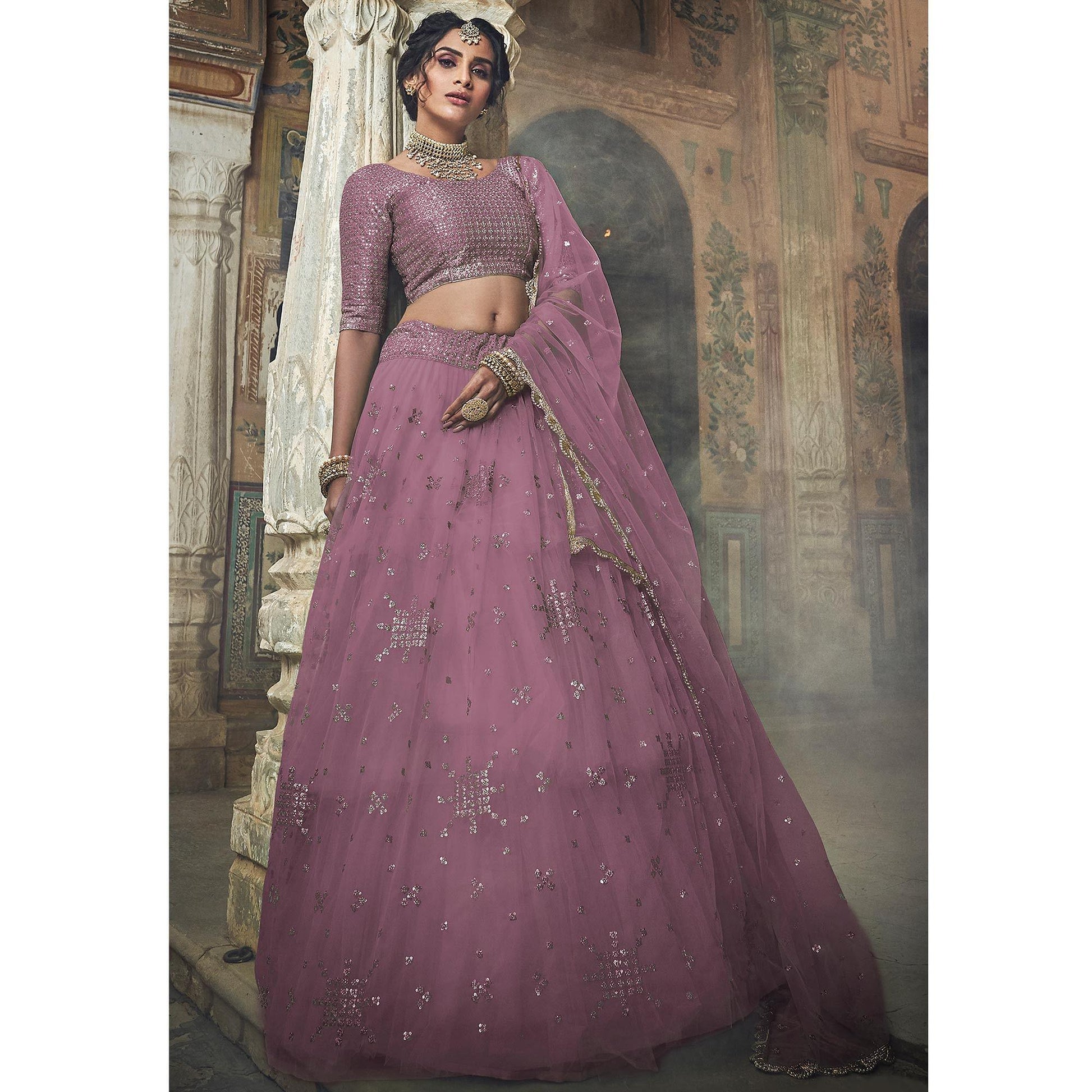 Mauve Sequins Embroidered Net Lehenga Choli