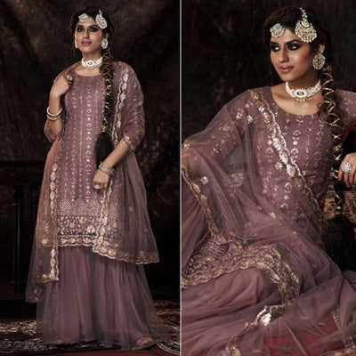Mauve Sequins Embroidered Netted Palazzo Suit