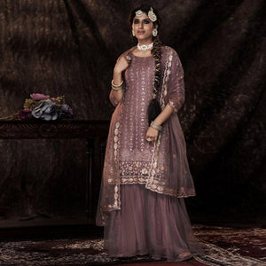 Mauve Sequins Embroidered Netted Palazzo Suit