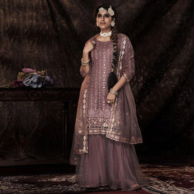 Mauve Sequins Embroidered Netted Palazzo Suit