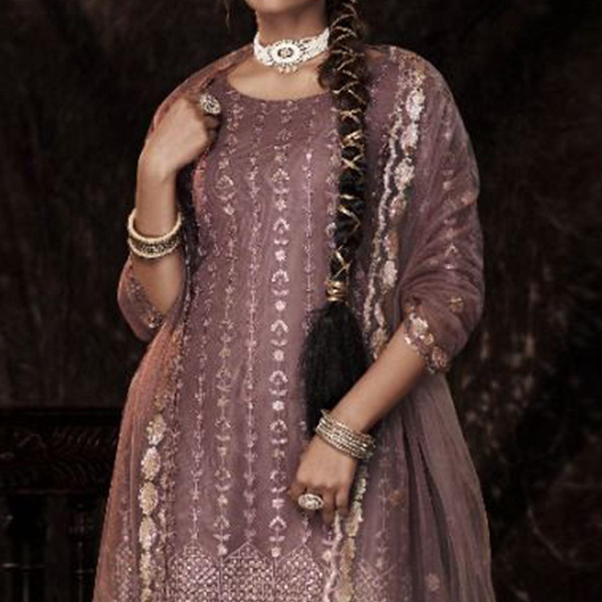 Mauve Sequins Embroidered Netted Palazzo Suit