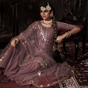 Mauve Sequins Embroidered Netted Palazzo Suit