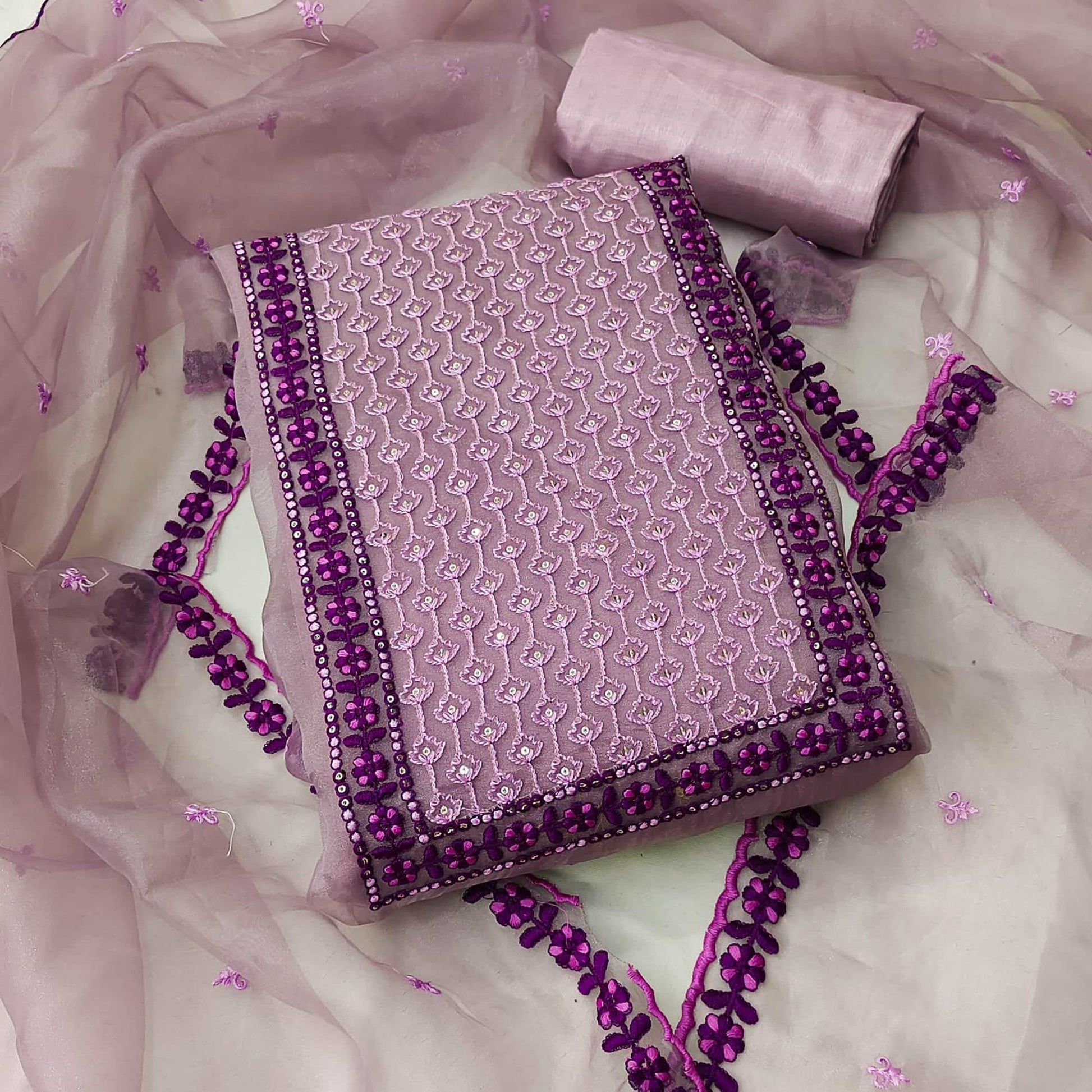 Mauve Sequins Embroidered Organza Dress Material