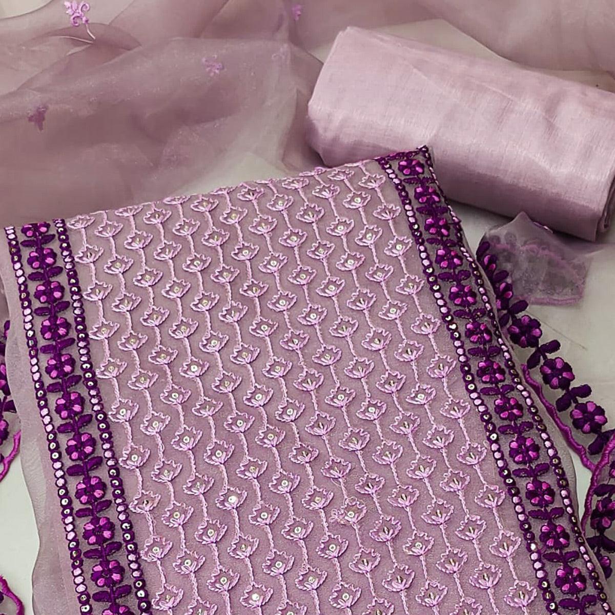 Mauve Sequins Embroidered Organza Dress Material