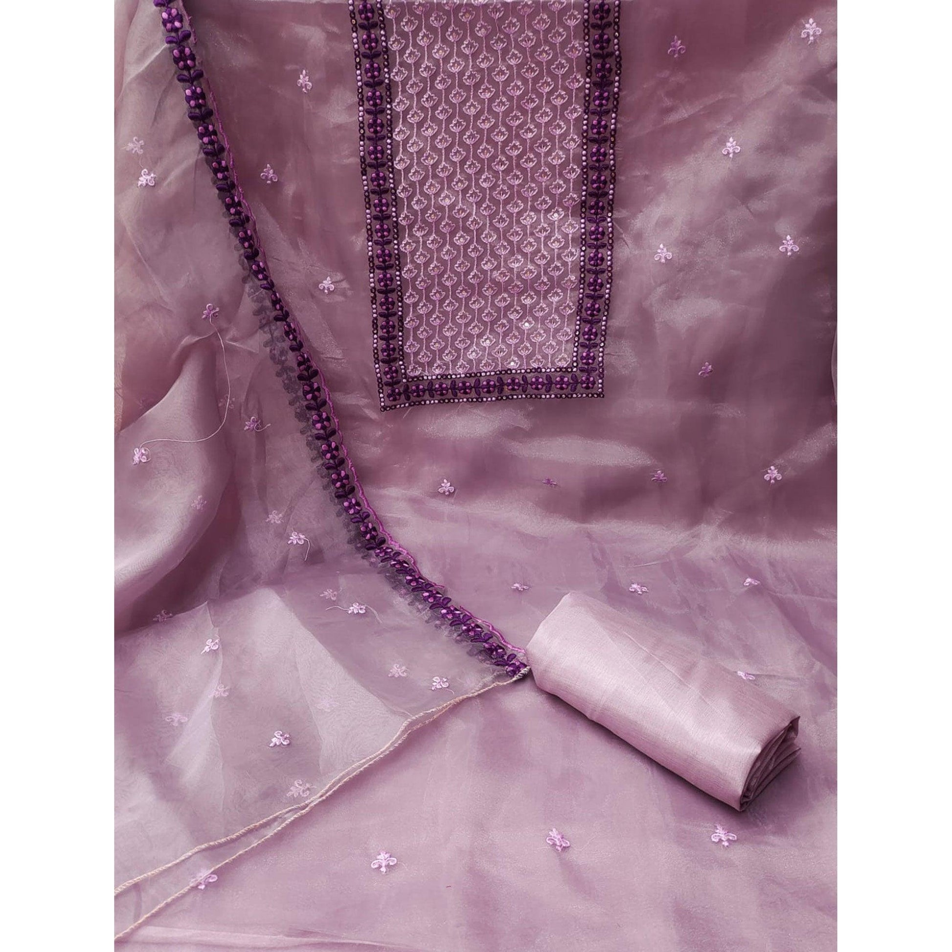 Mauve Sequins Embroidered Organza Dress Material