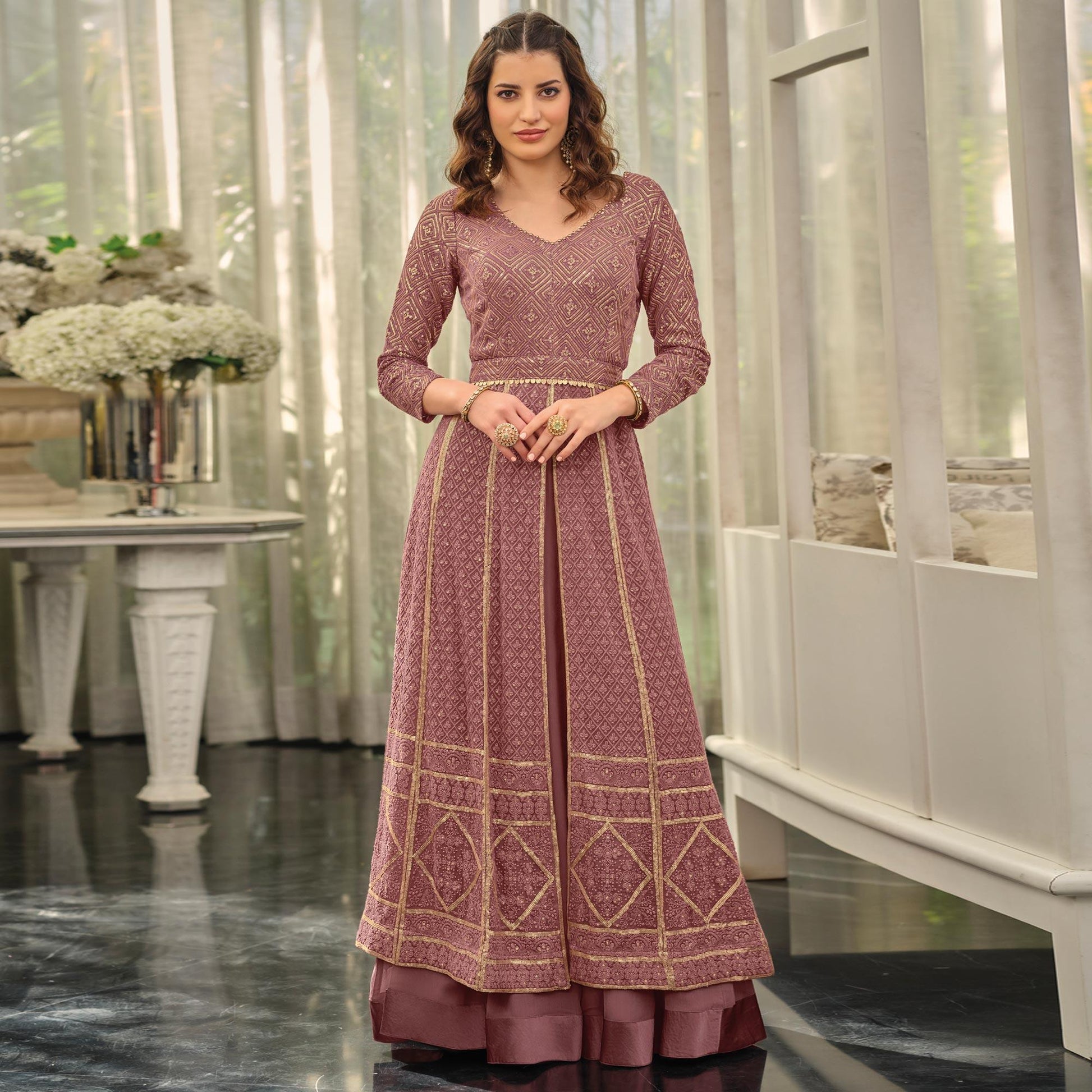 Mauve Sequins Embroidered Georgette Gown