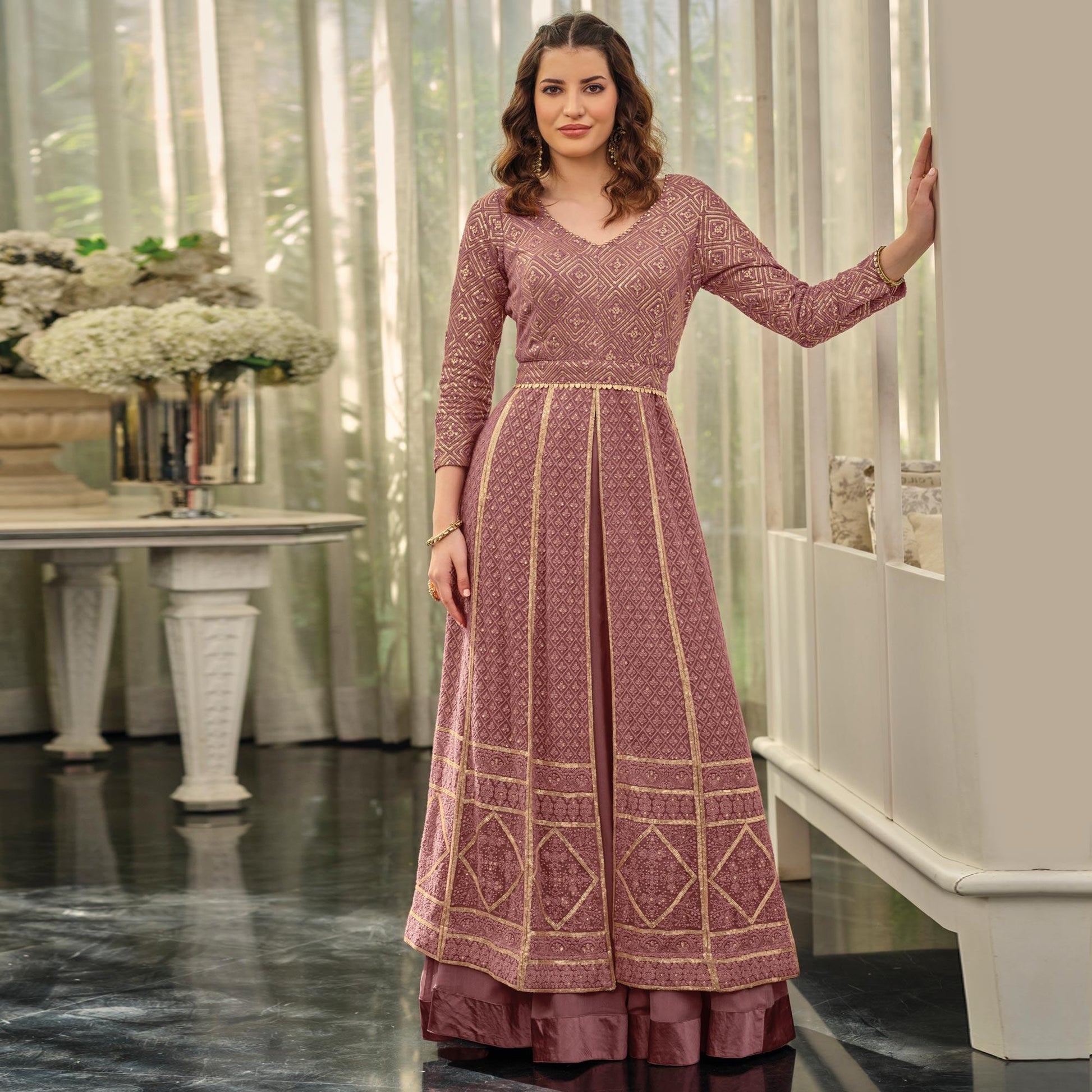 Mauve Sequins Embroidered Georgette Gown