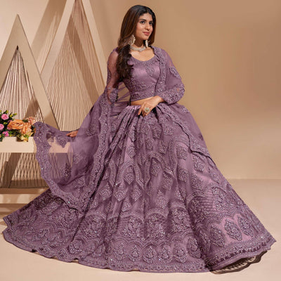 Mauve Wedding Wear Embroidered With Embellished Net Lehenga Choli