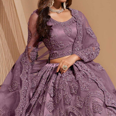 Mauve Wedding Wear Embroidered With Embellished Net Lehenga Choli