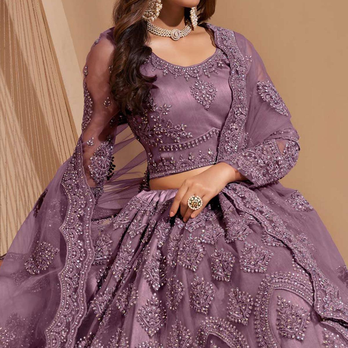 Mauve Wedding Wear Embroidered With Embellished Net Lehenga Choli