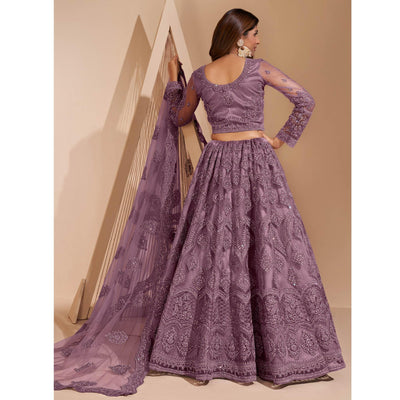 Mauve Wedding Wear Embroidered With Embellished Net Lehenga Choli