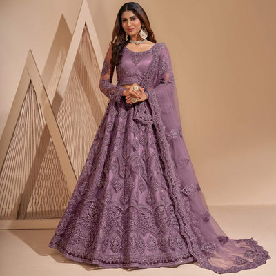 Mauve Wedding Wear Embroidered With Embellished Net Lehenga Choli