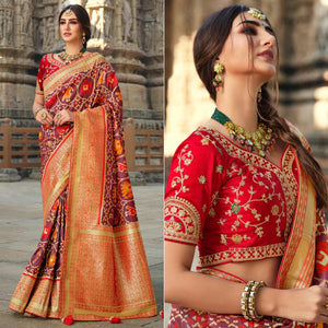 Mauve Wedding Wear Woven Silk Saree With Tassels