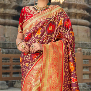 Mauve Wedding Wear Woven Silk Saree With Tassels