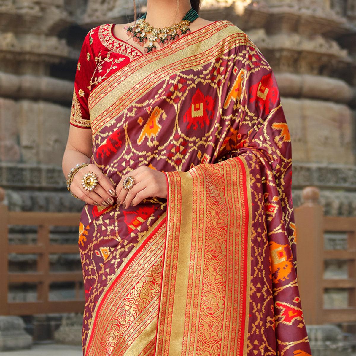 Mauve Wedding Wear Woven Silk Saree With Tassels
