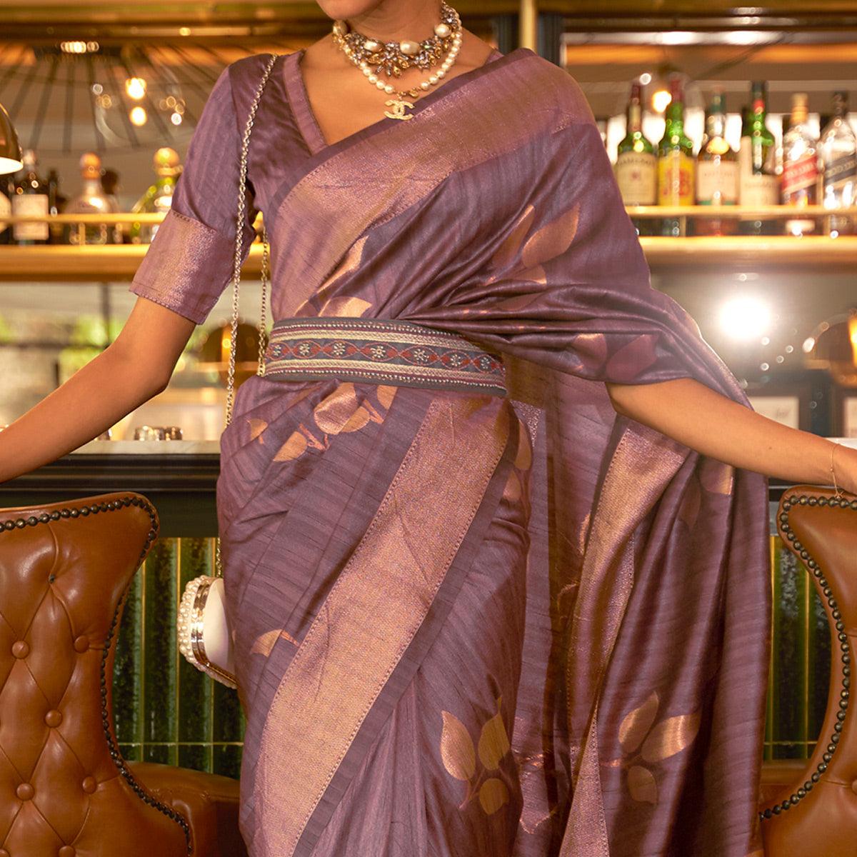 Mauve Woven Art Silk Saree With Tassels