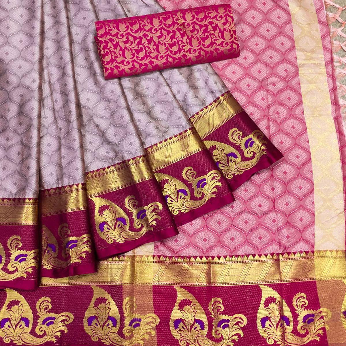 Mauve Woven Cotton Silk Saree With Tassels