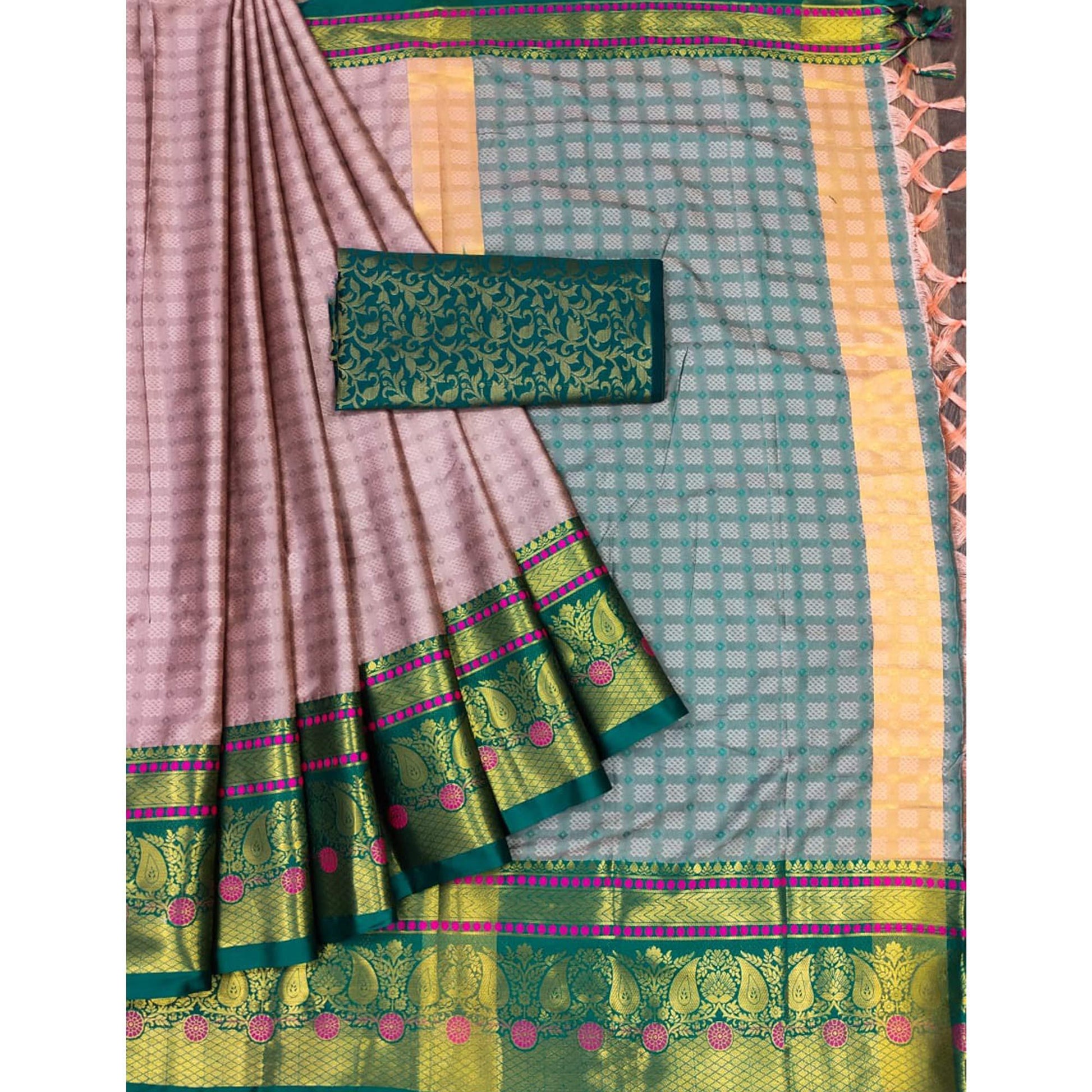 Mauve Woven Cotton Silk Saree With Tassels