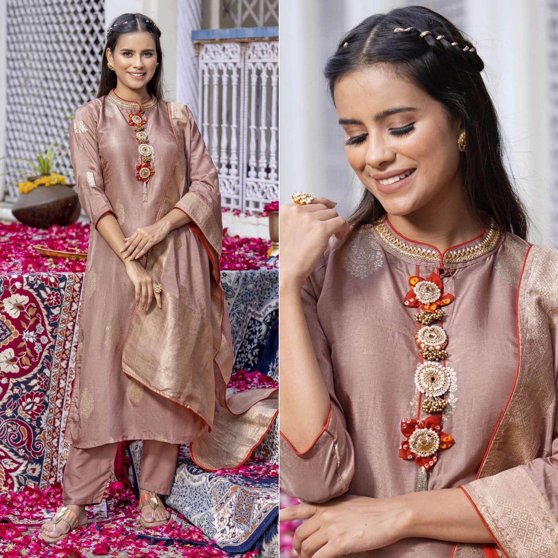 Mauve Woven Dola Silk Kurti Pant Set With Dupatta