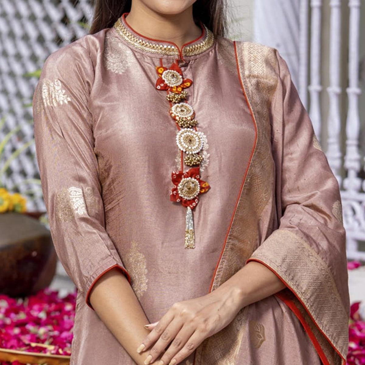 Mauve Woven Dola Silk Kurti Pant Set With Dupatta