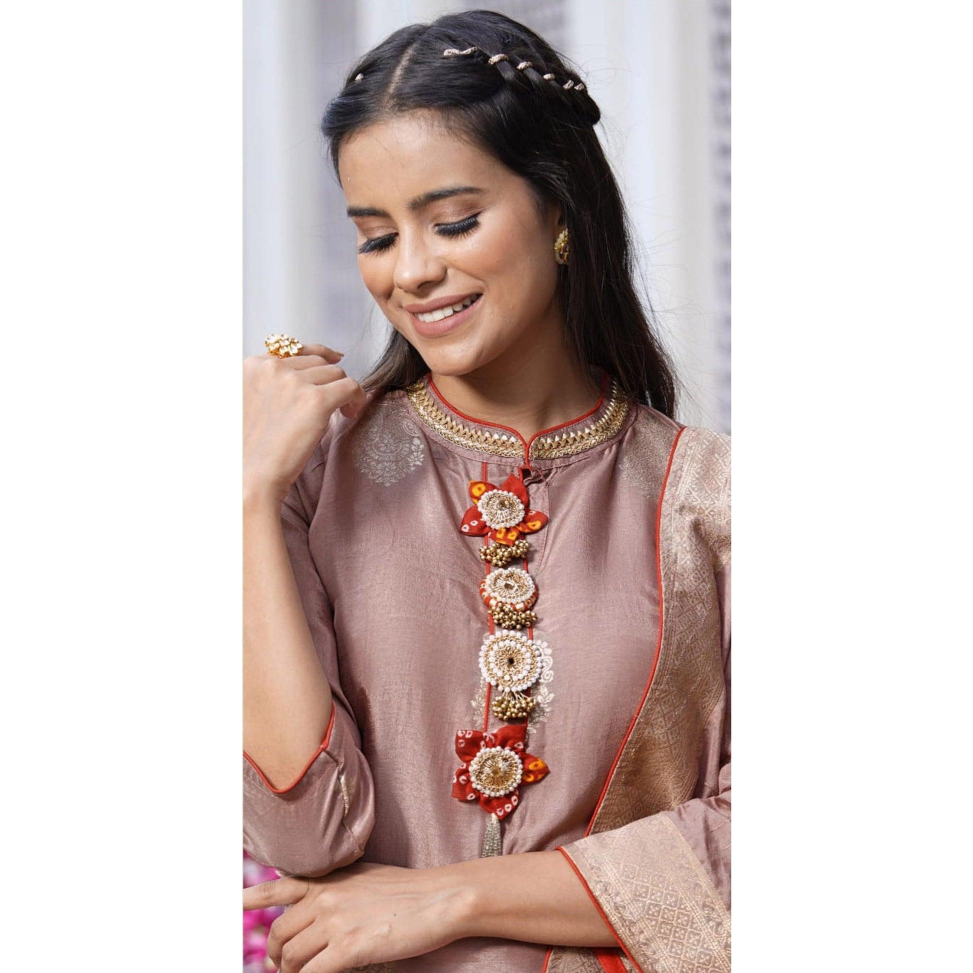 Mauve Woven Dola Silk Kurti Pant Set With Dupatta