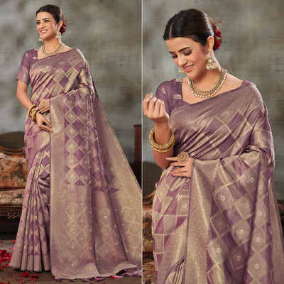 Mauve Woven Organza Saree With Tassels
