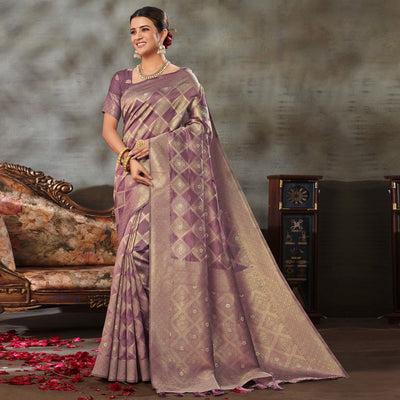 Mauve Woven Organza Saree With Tassels