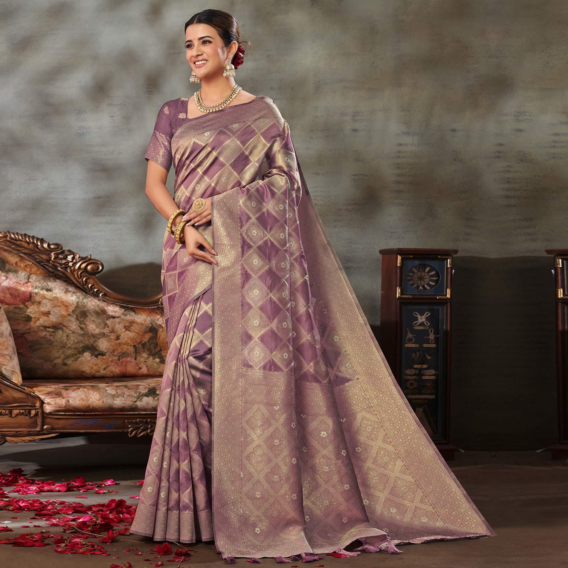 Mauve Woven Organza Saree With Tassels
