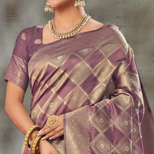 Mauve Woven Organza Saree With Tassels