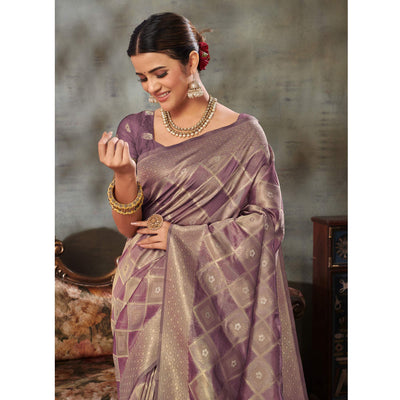 Mauve Woven Organza Saree With Tassels